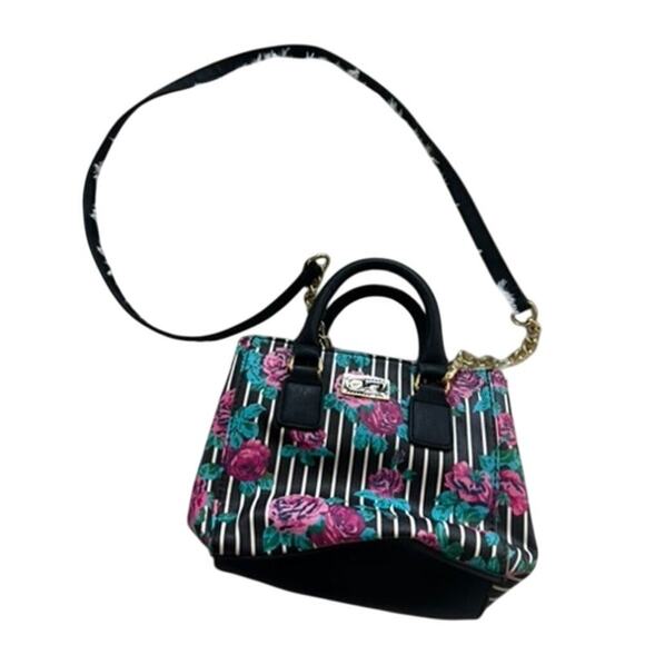 EUC Betsey Johnson black and white striped with pink roses pattern purse bag Y2K - Picture 6 of 7